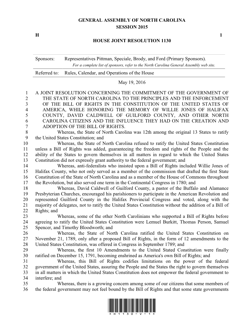 General Assembly of North Carolina Session 2015 H 1 House Joint Resolution 1130