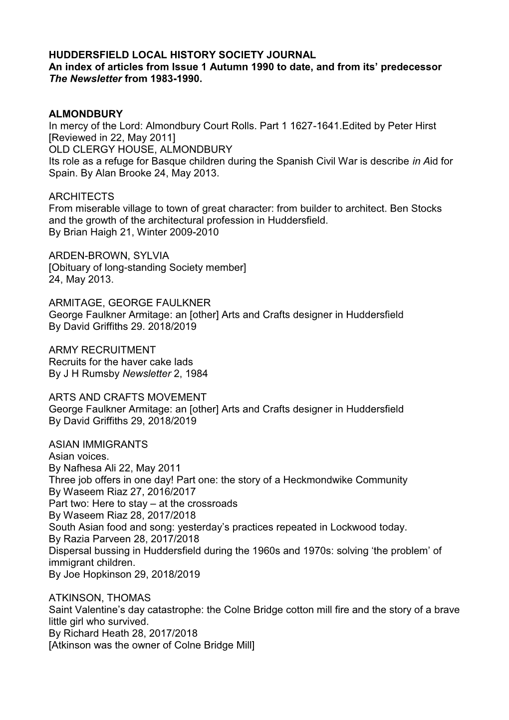 HUDDERSFIELD LOCAL HISTORY SOCIETY JOURNAL an Index of Articles from Issue 1 Autumn 1990 to Date, and from Its' Predecessor Th