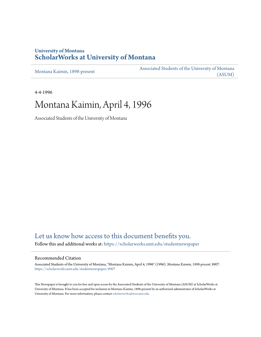 Montana Kaimin, April 4, 1996 Associated Students of the University of Montana