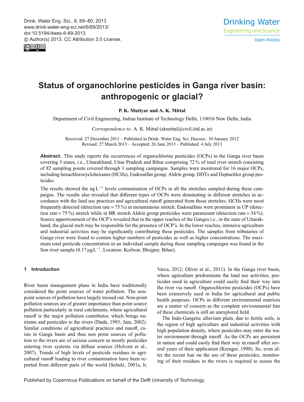 Status of Organochlorine Pesticides in Ganga River Basin