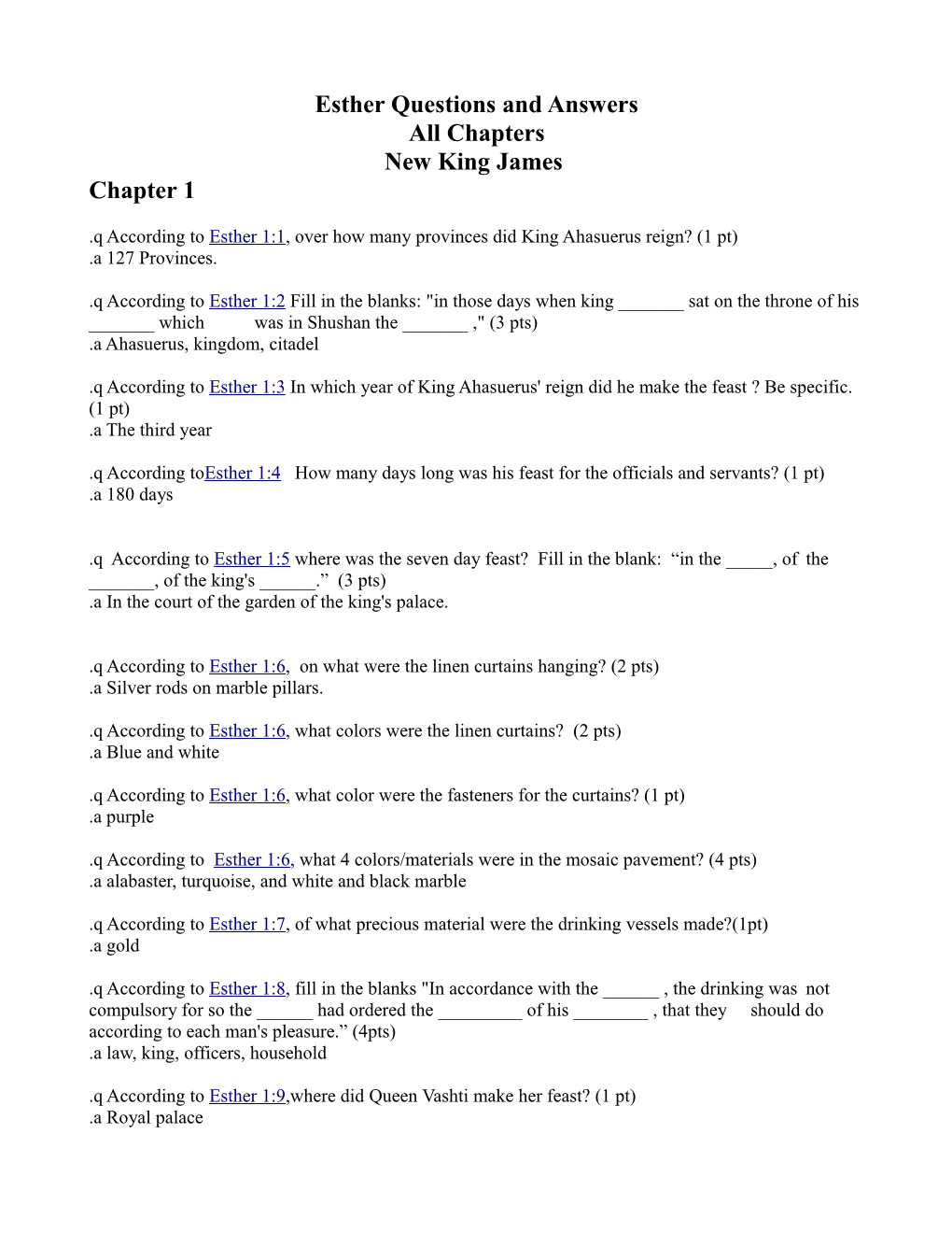 Esther Questions and Answers All Chapters New King James Chapter 1