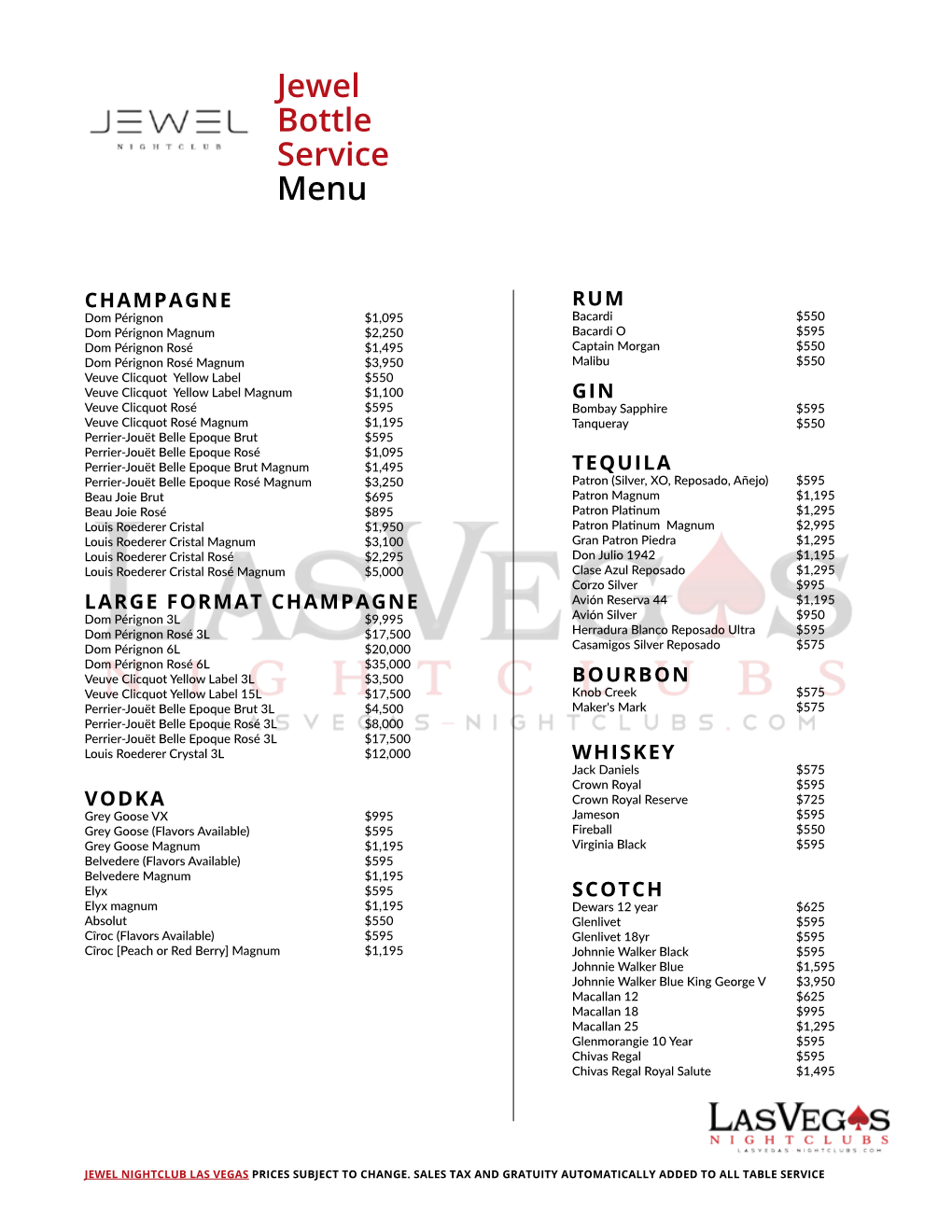 Jewel Bottle Service Menu Prices for Champagne & Liquor