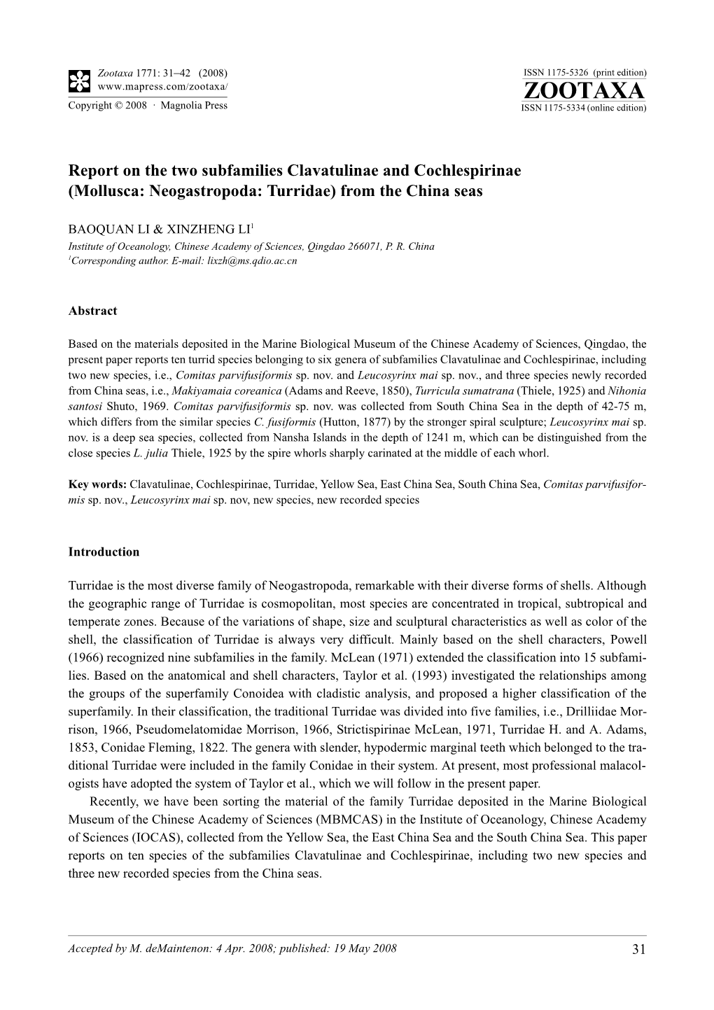 Zootaxa, Report on the Two Subfamilies Clavatulinae and Cochlespirinae