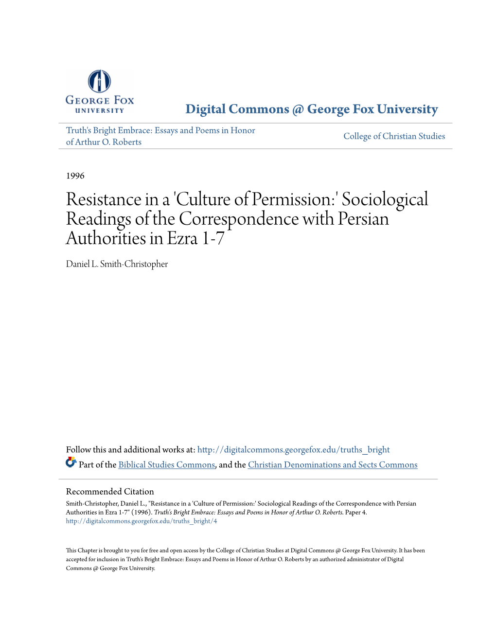 Resistance in a 'Culture of Permission:' Sociological Readings of the Correspondence with Persian Authorities in Ezra 1-7 Daniel L