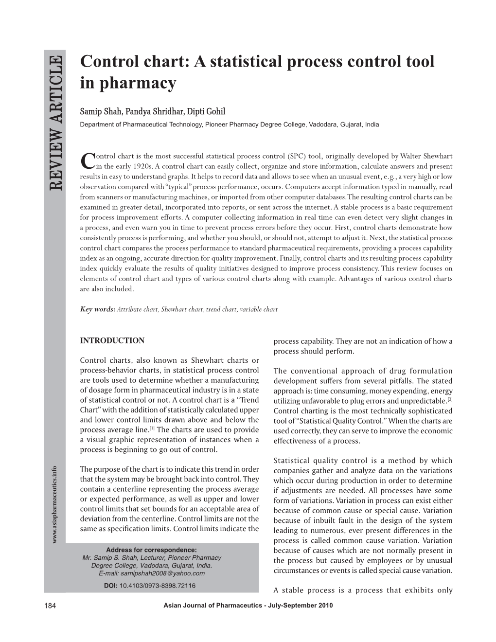 Control Chart: a Statistical Process Control Tool in Pharmacy