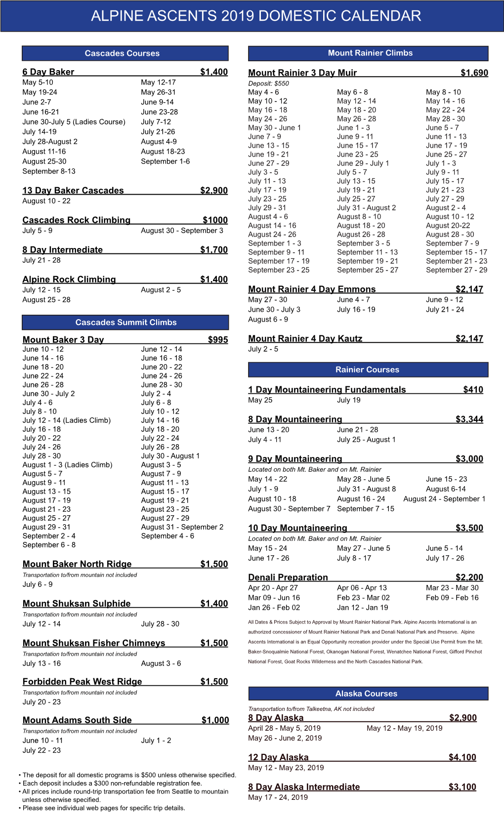 Alpine Ascents 2019 Domestic Calendar