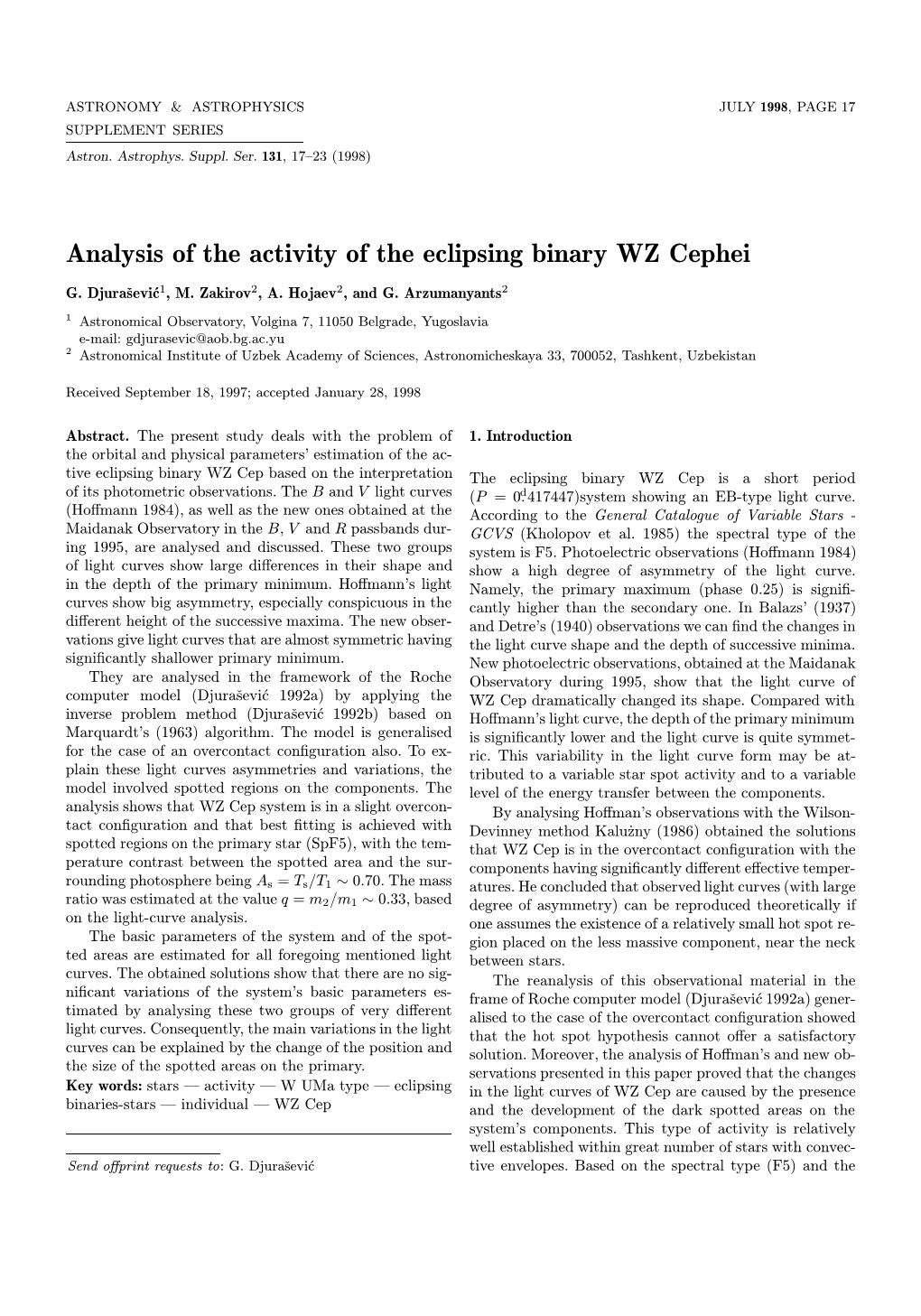 Analysis of the Activity of the Eclipsing Binary WZ Cephei