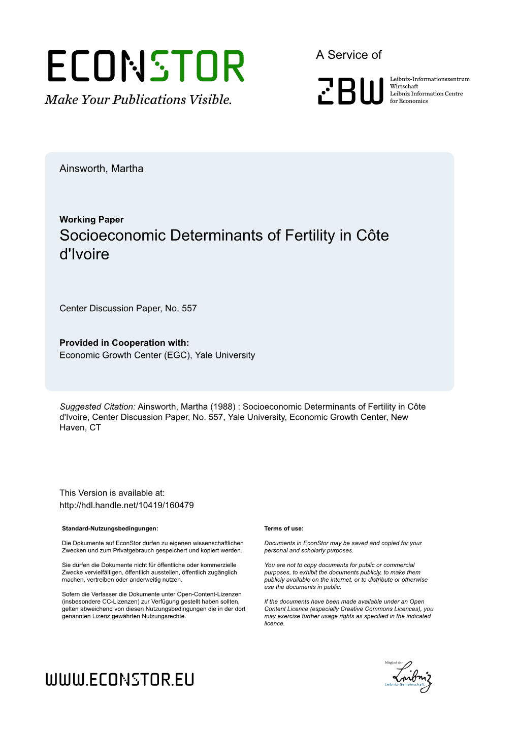 Socioeconomic Determinants of Fertility in Côte D'ivoire