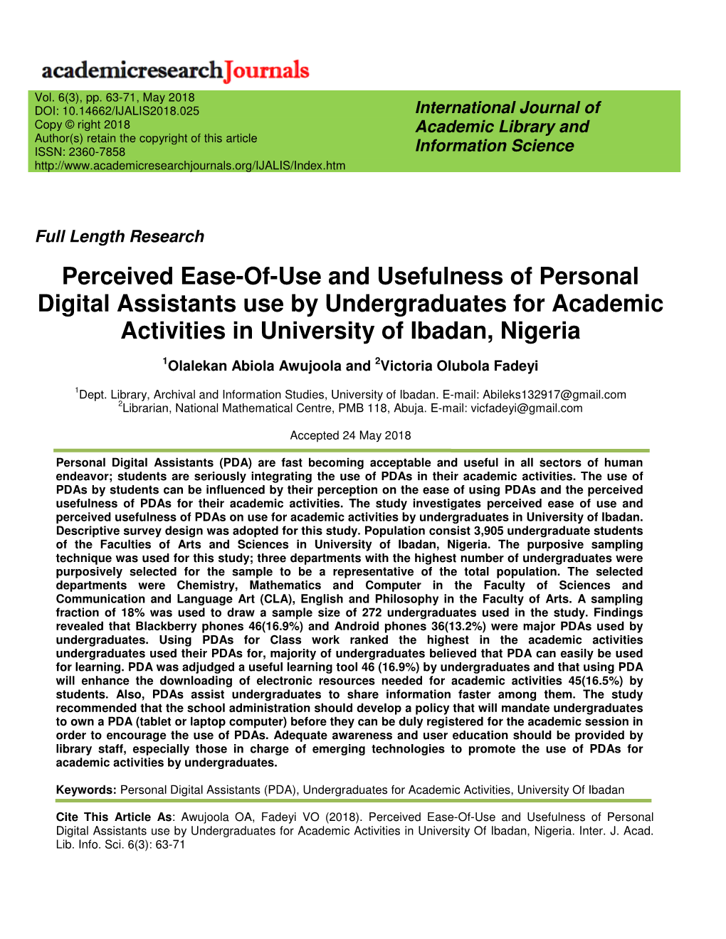 Perceived Ease-Of-Use and Usefulness of Personal Digital Assistants Use by Undergraduates for Academic Activities in University of Ibadan, Nigeria