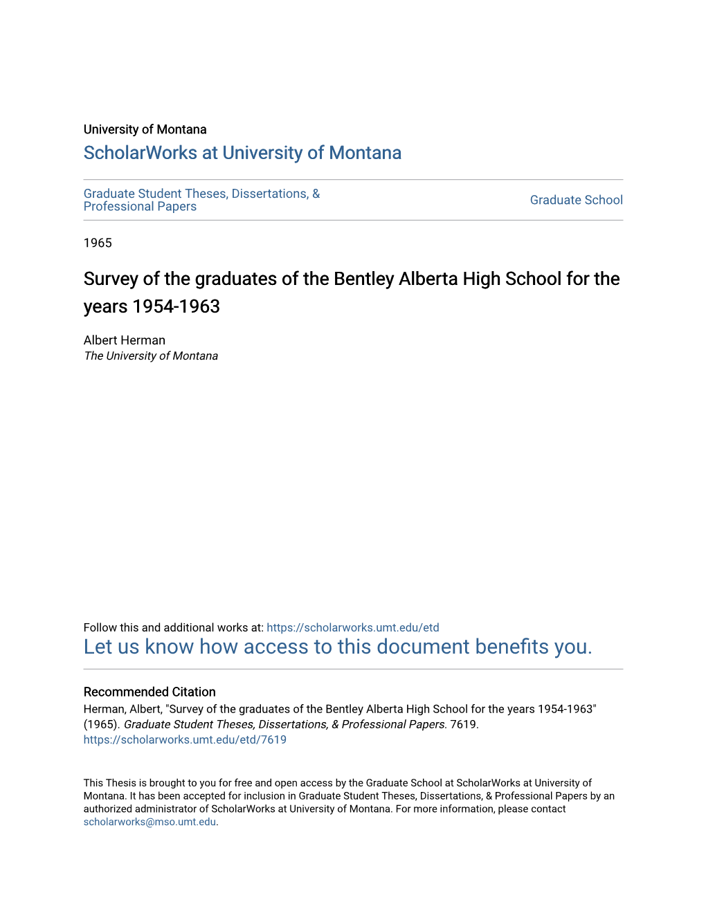 Survey of the Graduates of the Bentley Alberta High School for the Years 1954-1963