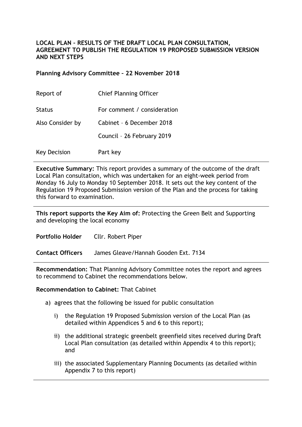 Local Plan – Results of the Draft Local Plan Consultation, Agreement to Publish the Regulation 19 Proposed Submission Version and Next Steps