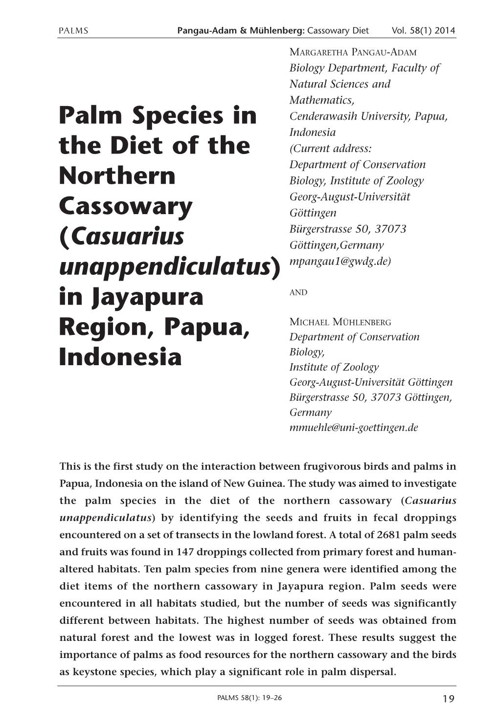 Palm Species in the Diet of the Northern Cassowary (Casuarius