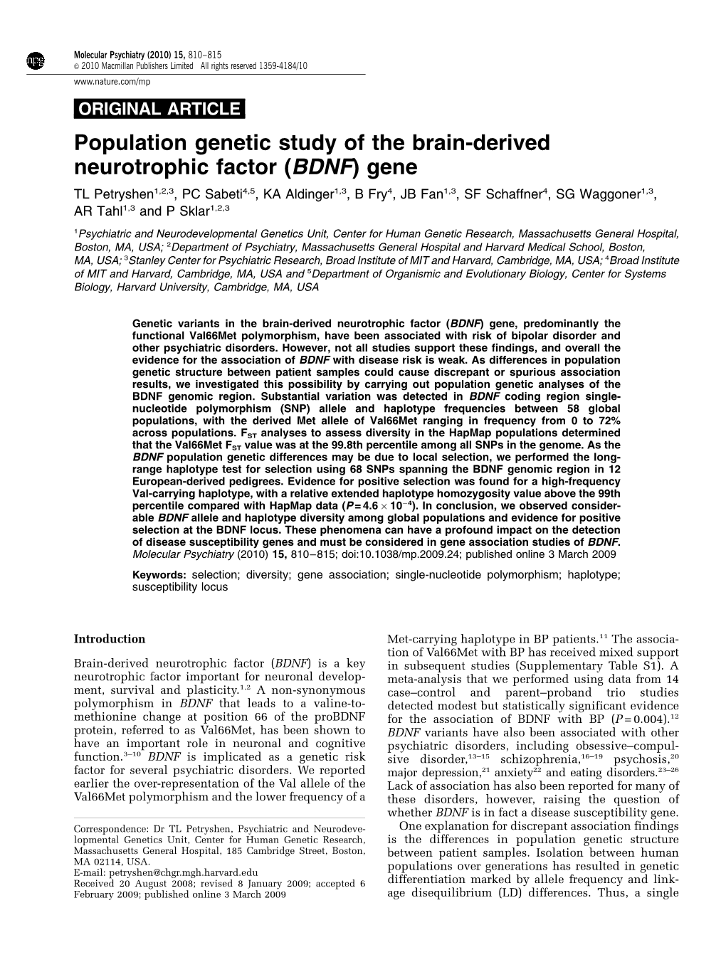 Population Genetic Study of the Brain-Derived Neurotrophic Factor