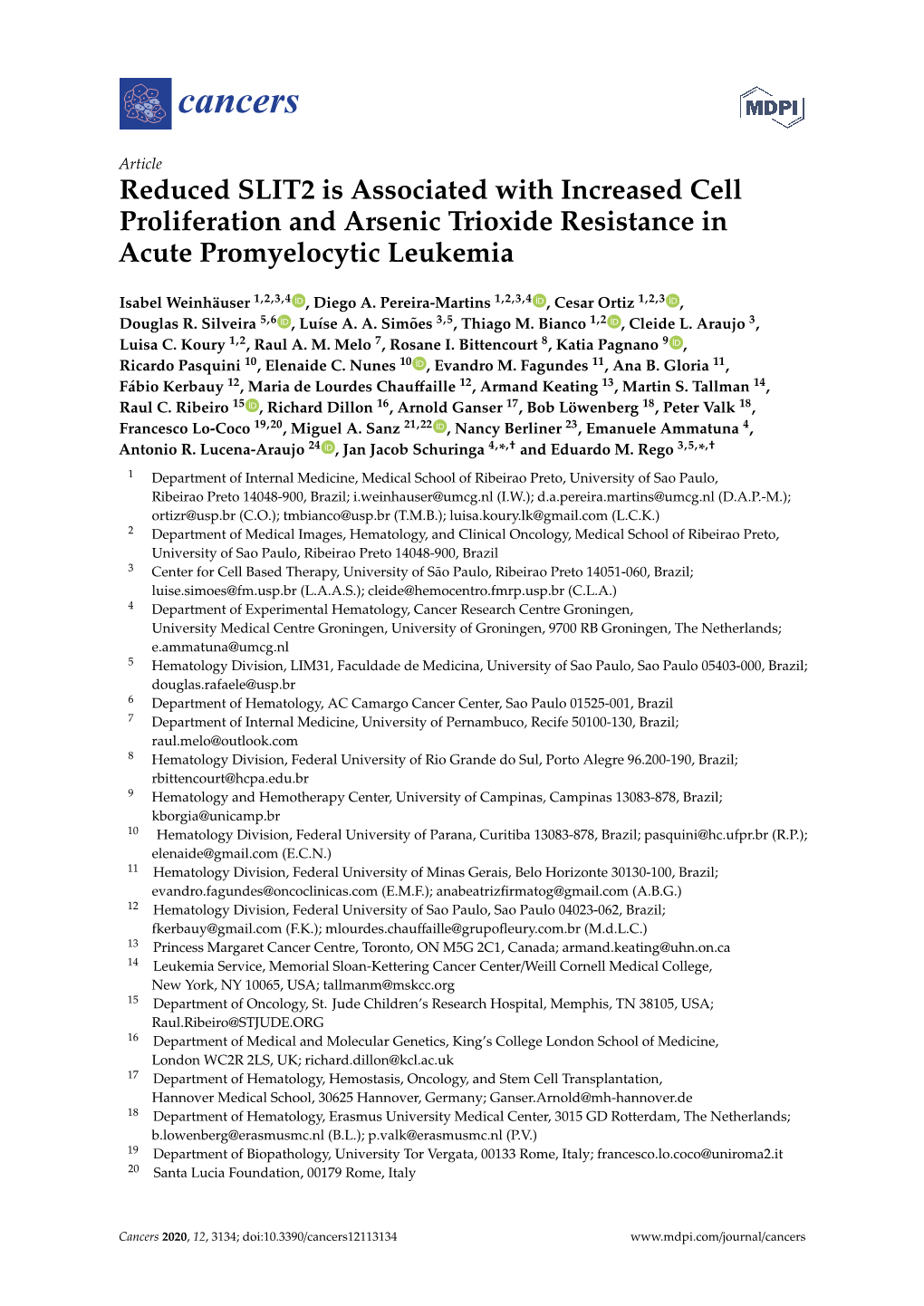 Reduced SLIT2 Is Associated with Increased Cell Proliferation and Arsenic Trioxide Resistance in Acute Promyelocytic Leukemia