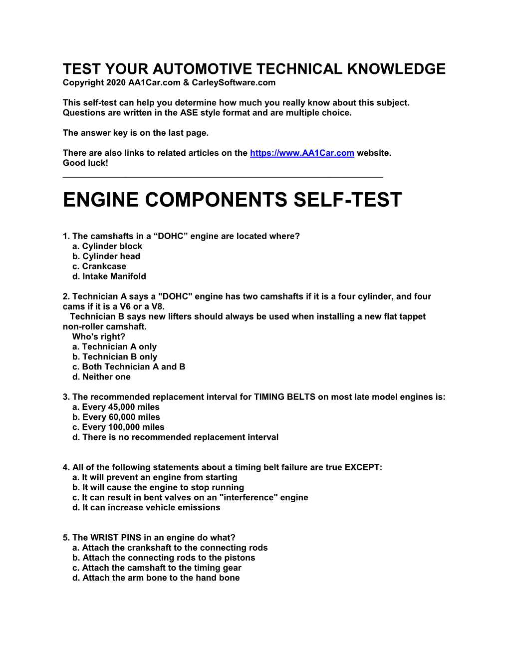 Engine Components Self-Test Quiz