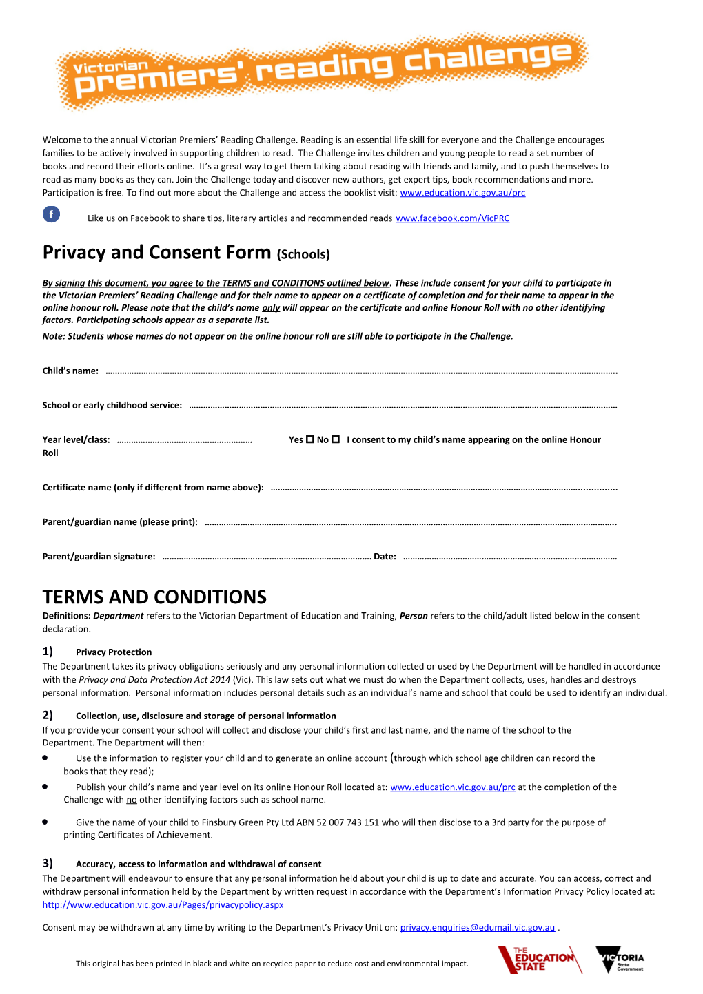 2016 PRC Privacy Consent Form Schools