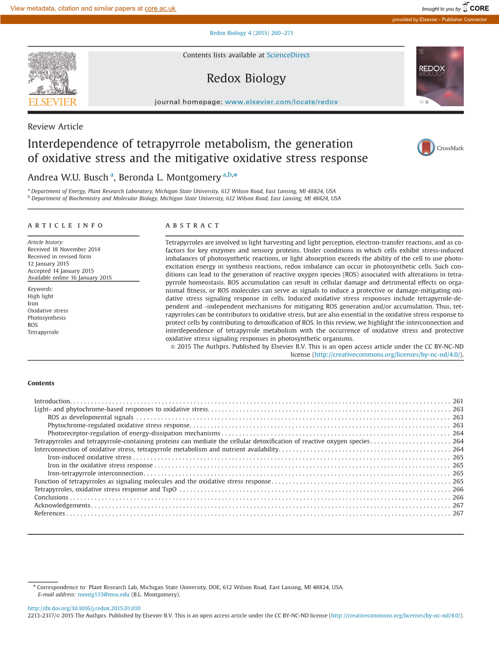 Interdependence of Tetrapyrrole Metabolism, the Generation of Oxidative Stress and the Mitigative Oxidative Stress Response