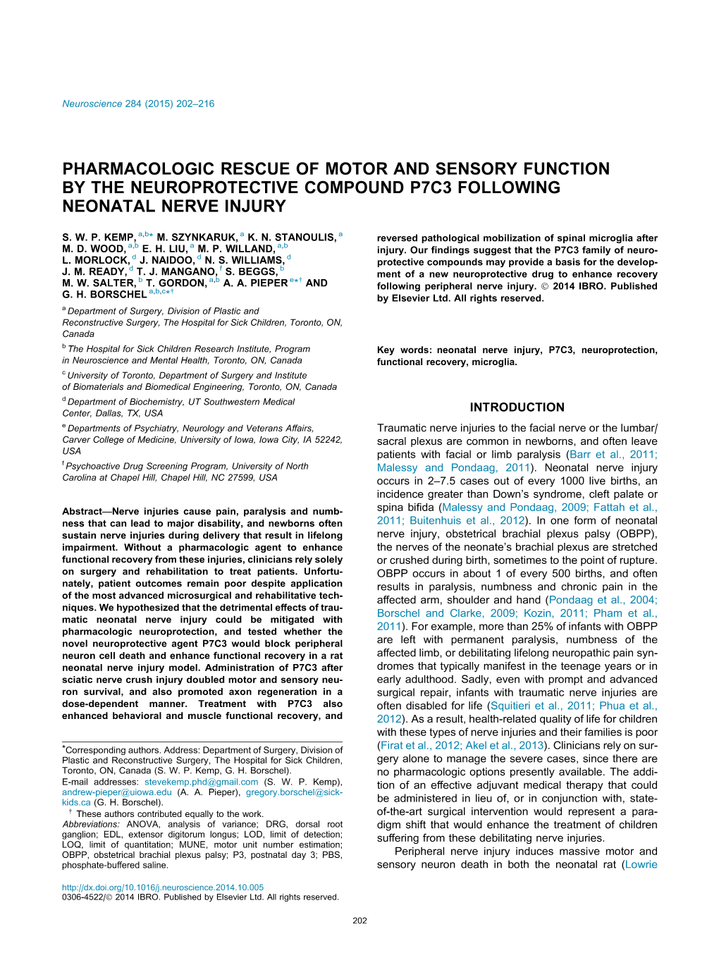 Pharmacologic Rescue of Motor and Sensory Function by the Neuroprotective Compound P7c3 Following Neonatal Nerve Injury