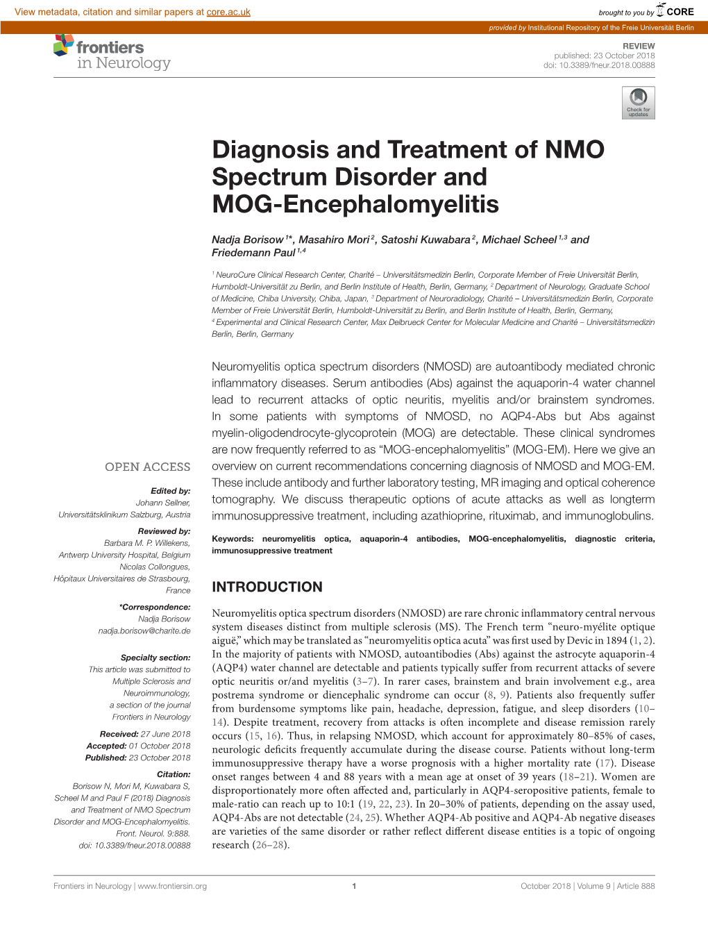 Diagnosis and Treatment of NMO Spectrum Disorder and MOG-Encephalomyelitis