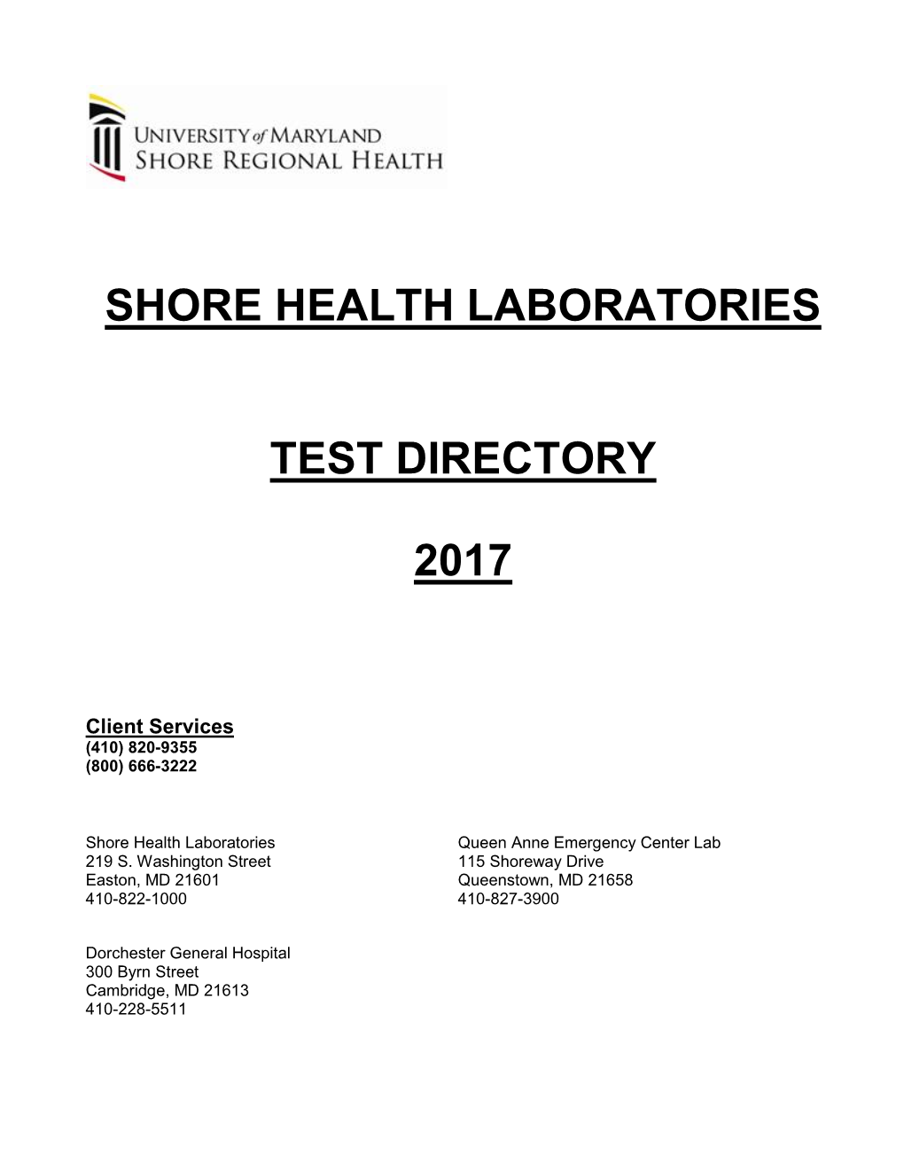 Shore Health Laboratories Test Directory 2017