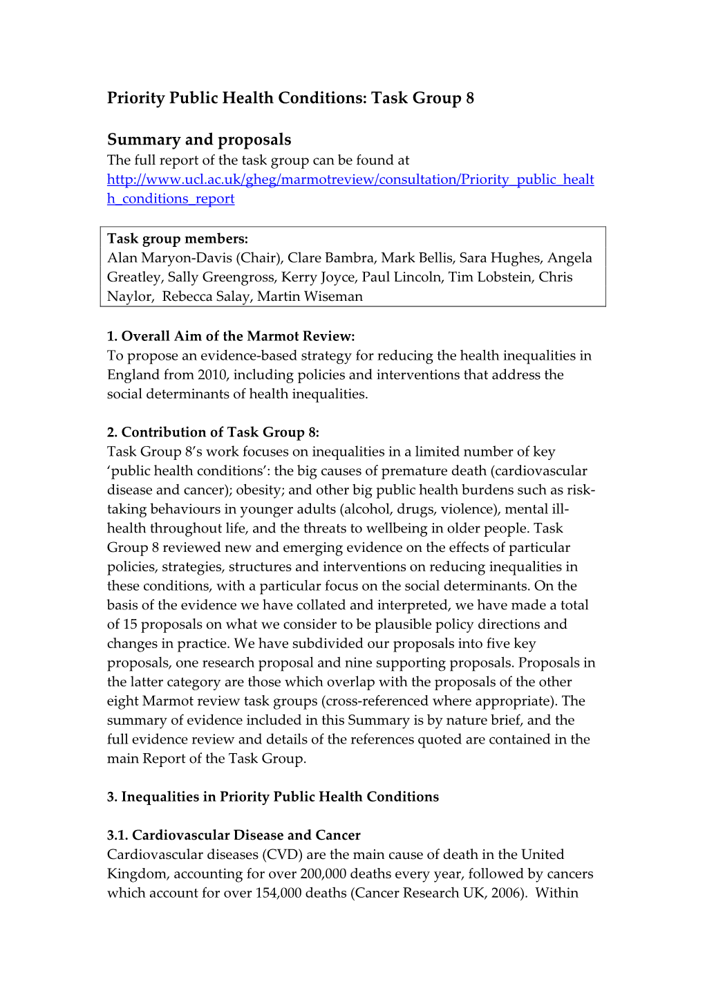 Priority Public Health Conditions: Task Group 8 Summary and Proposals