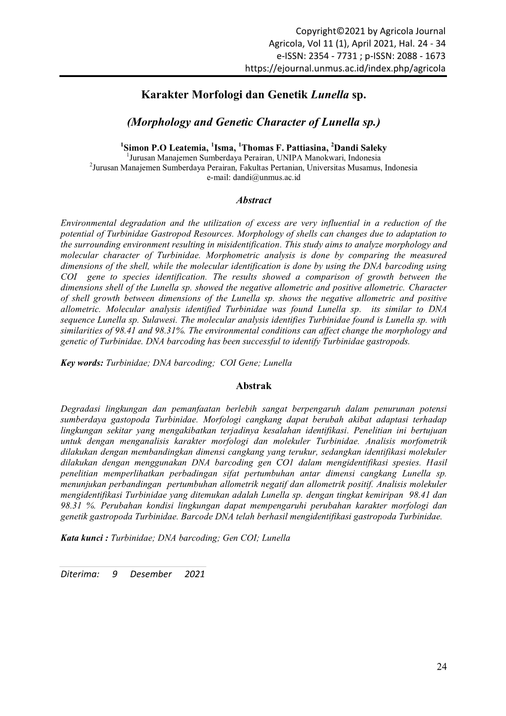 Karakter Morfologi Dan Genetik Lunella Sp. (Morphology and Genetic Character of Lunella Sp.)