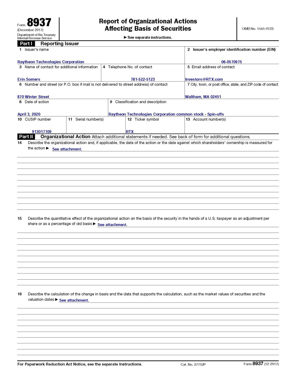 IRS Form 8937 for United Technologies Corporation