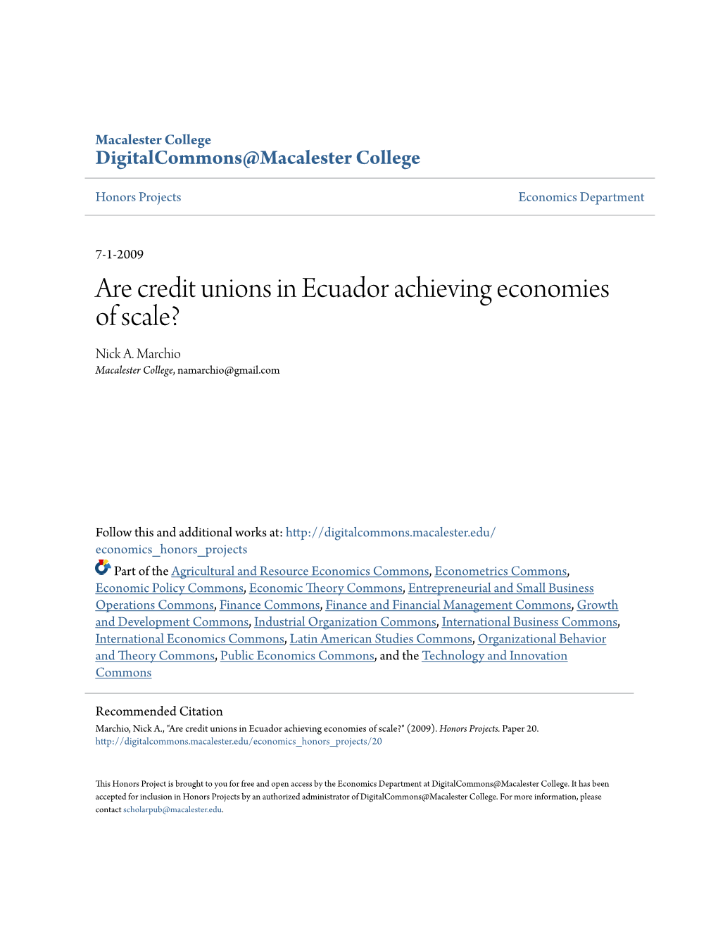 Are Credit Unions in Ecuador Achieving Economies of Scale? Nick A