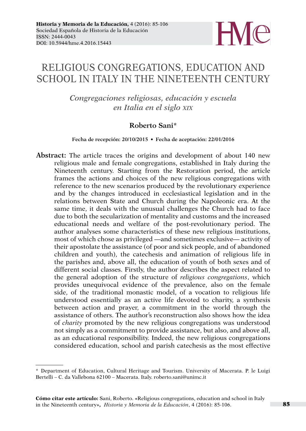 Religious Congregations, Education and School in Italy in the Nineteenth Century