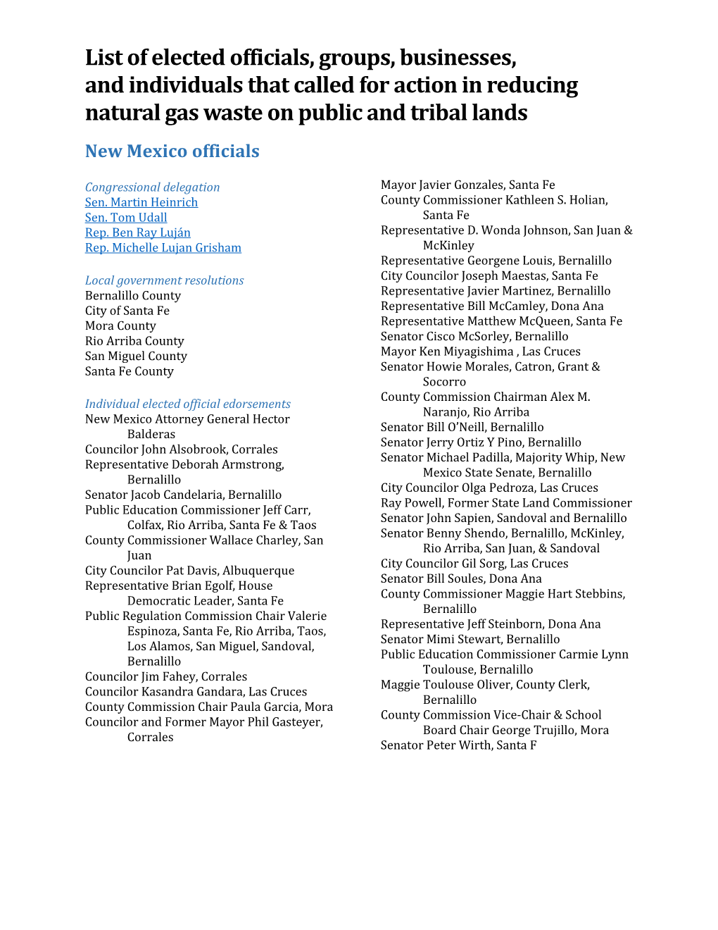 List of Elected Officials, Groups, Businesses, and Individuals That Called for Action in Reducing Natural Gas Waste on Public and Tribal Lands New Mexico Officials