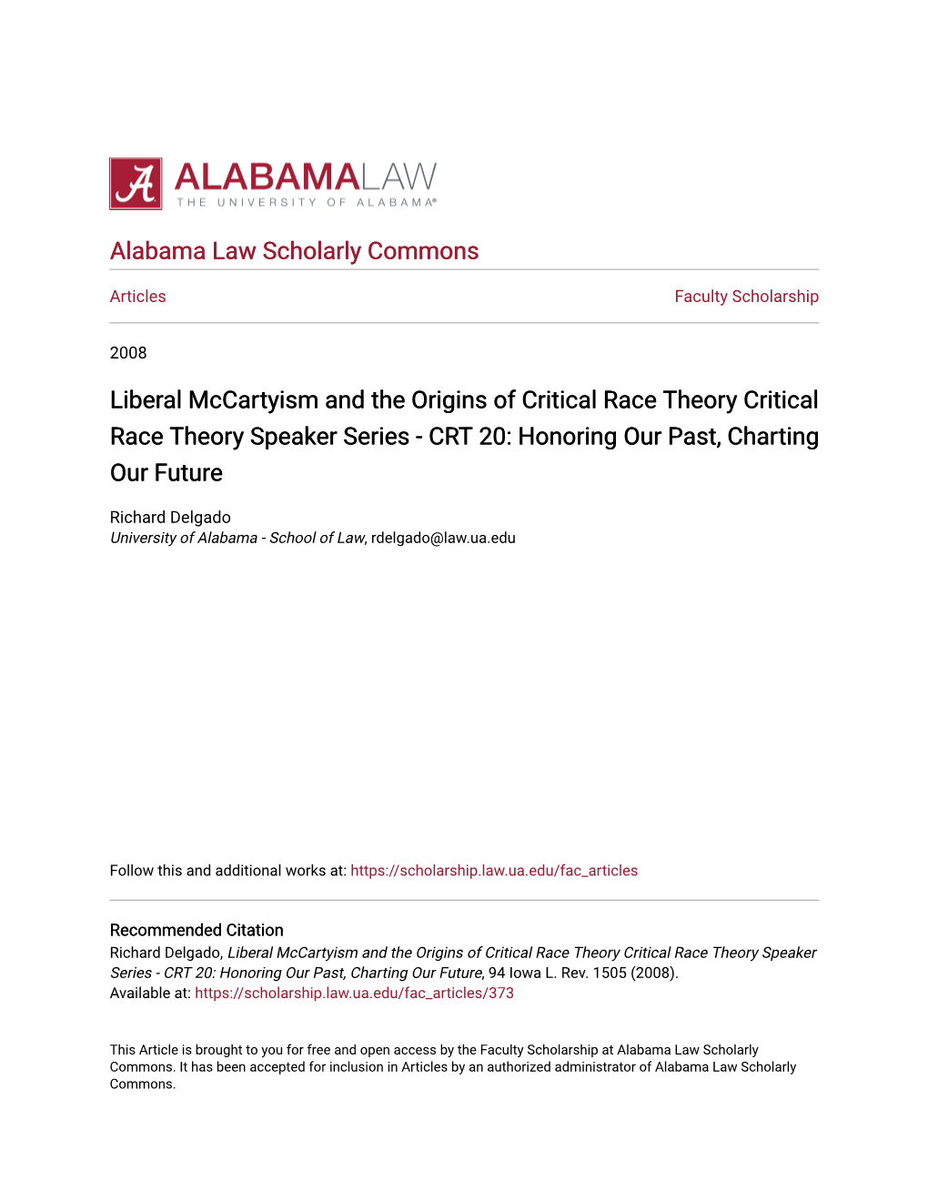 Liberal Mccartyism and the Origins of Critical Race Theory Critical Race Theory Speaker Series - CRT 20: Honoring Our Past, Charting Our Future