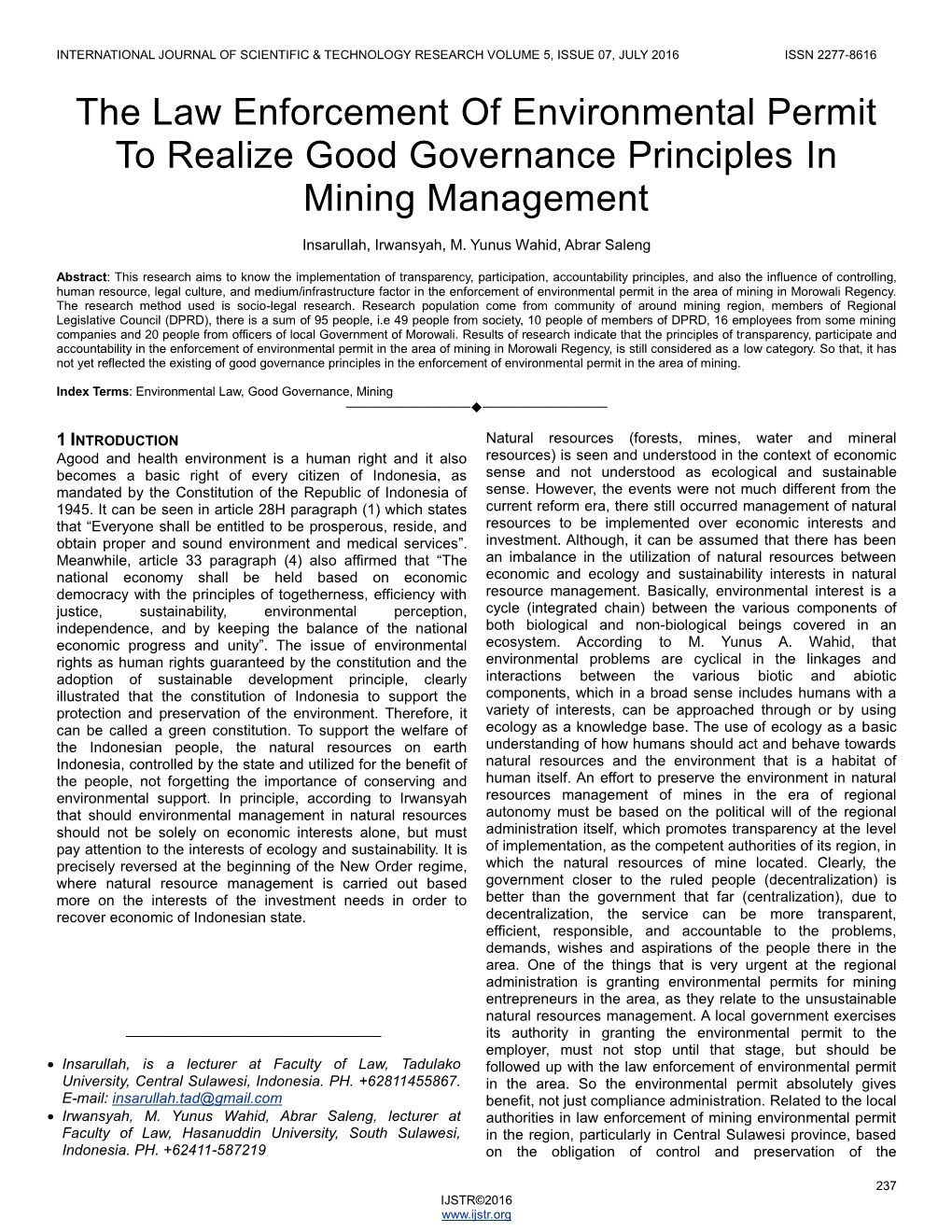 The Law Enforcement of Environmental Permit to Realize Good Governance Principles in Mining Management