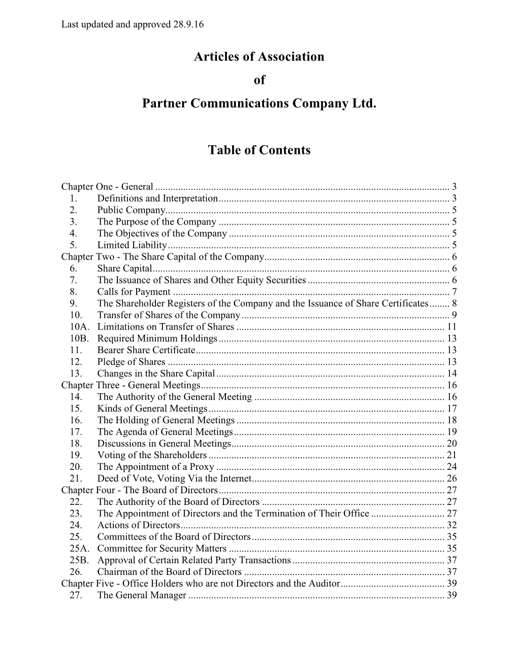 Articles of Association of Partner Communications Company Ltd