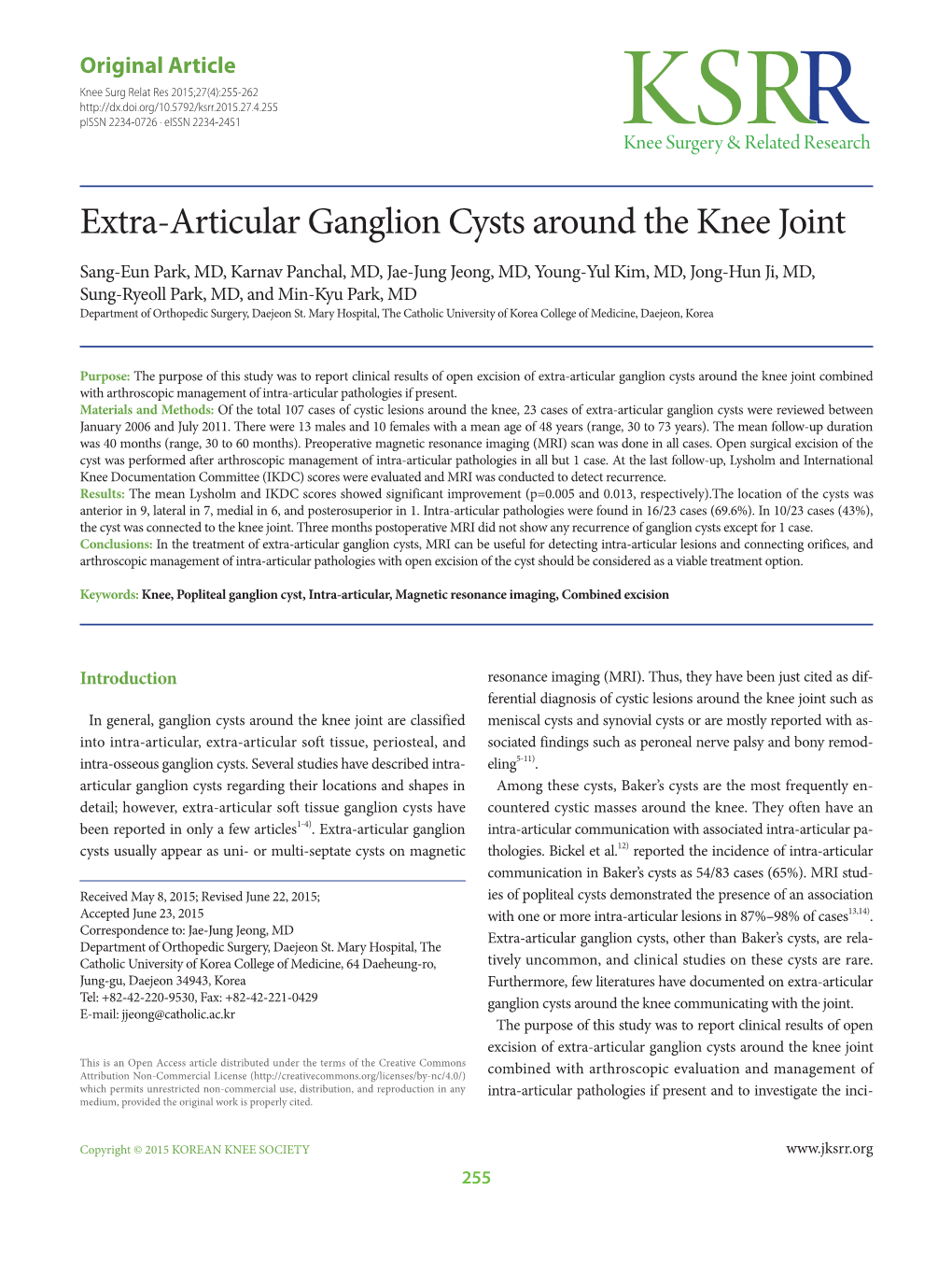 Extra-Articular Ganglion Cysts Around the Knee Joint