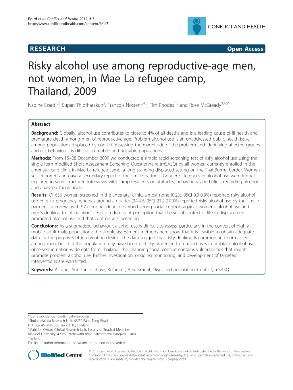 Risky Alcohol Use Among Reproductive-Age Men, Not Women, in Mae La