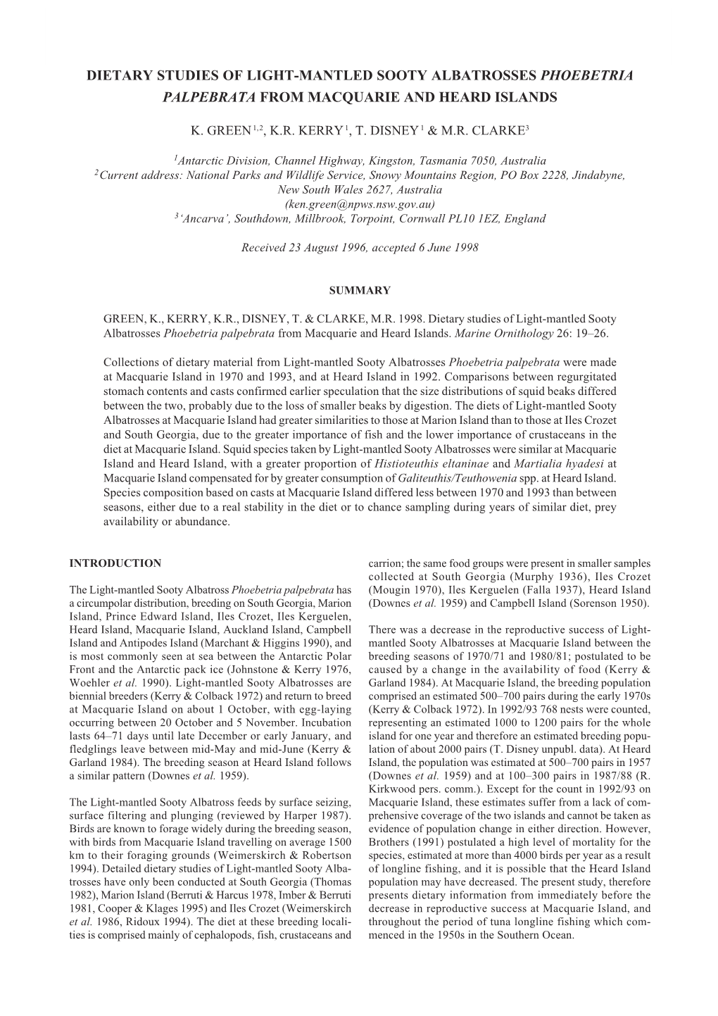 Dietary Studies of Light-Mantled Sooty Albatrosses Phoebetria Palpebrata from Macquarie and Heard Islands