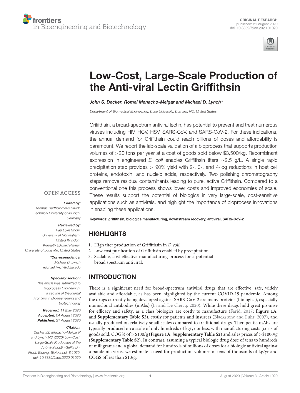 Low-Cost, Large-Scale Production of the Anti-Viral Lectin Griffithsin