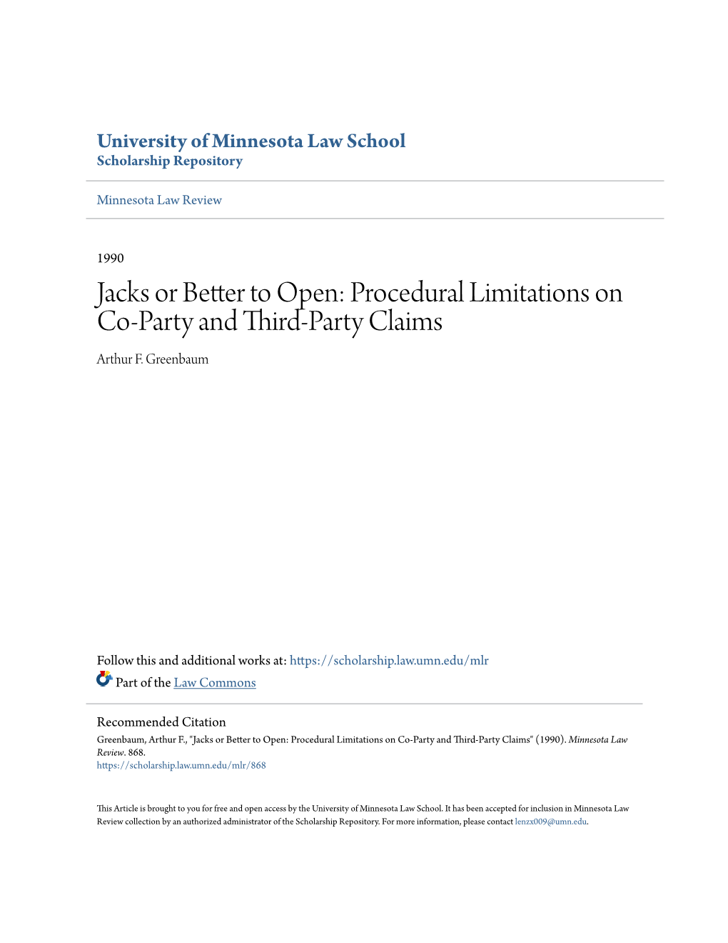 Procedural Limitations on Co-Party and Third-Party Claims Arthur F