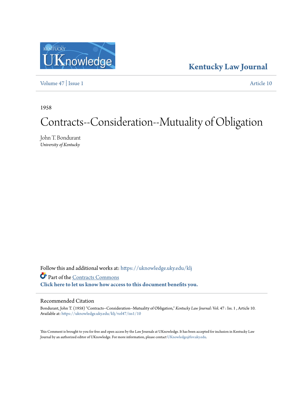 Contracts--Consideration--Mutuality of Obligation John T