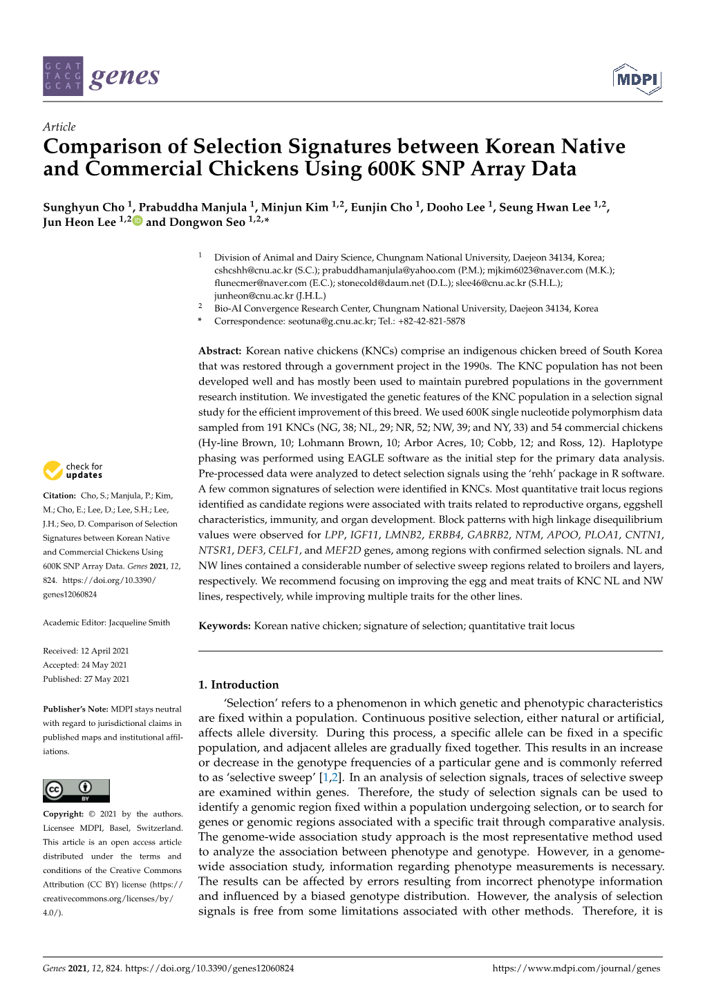 Comparison of Selection Signatures Between Korean Native and Commercial Chickens Using 600K SNP Array Data