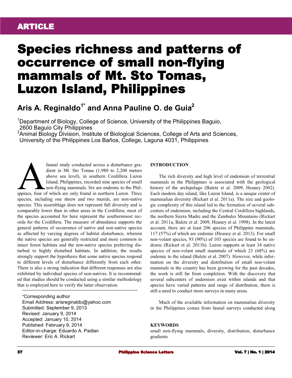 Species Richness and Patterns of Occurrence of Small Non-Flying Mammals of Mt