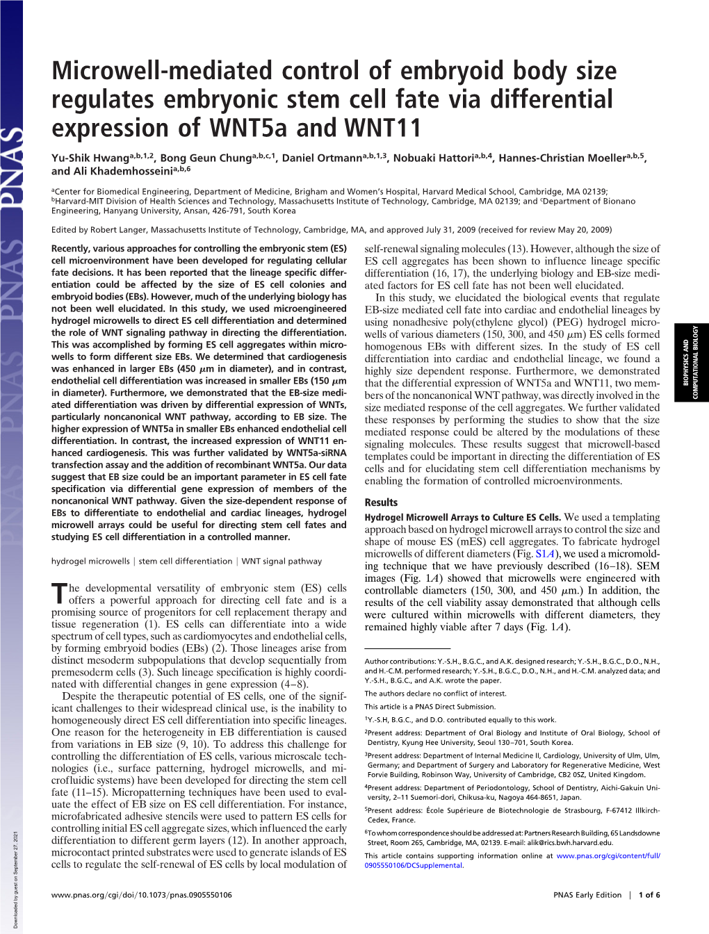 Microwell-Mediated Control of Embryoid Body Size Regulates Embryonic Stem Cell Fate Via Differential Expression of Wnt5a and WNT11