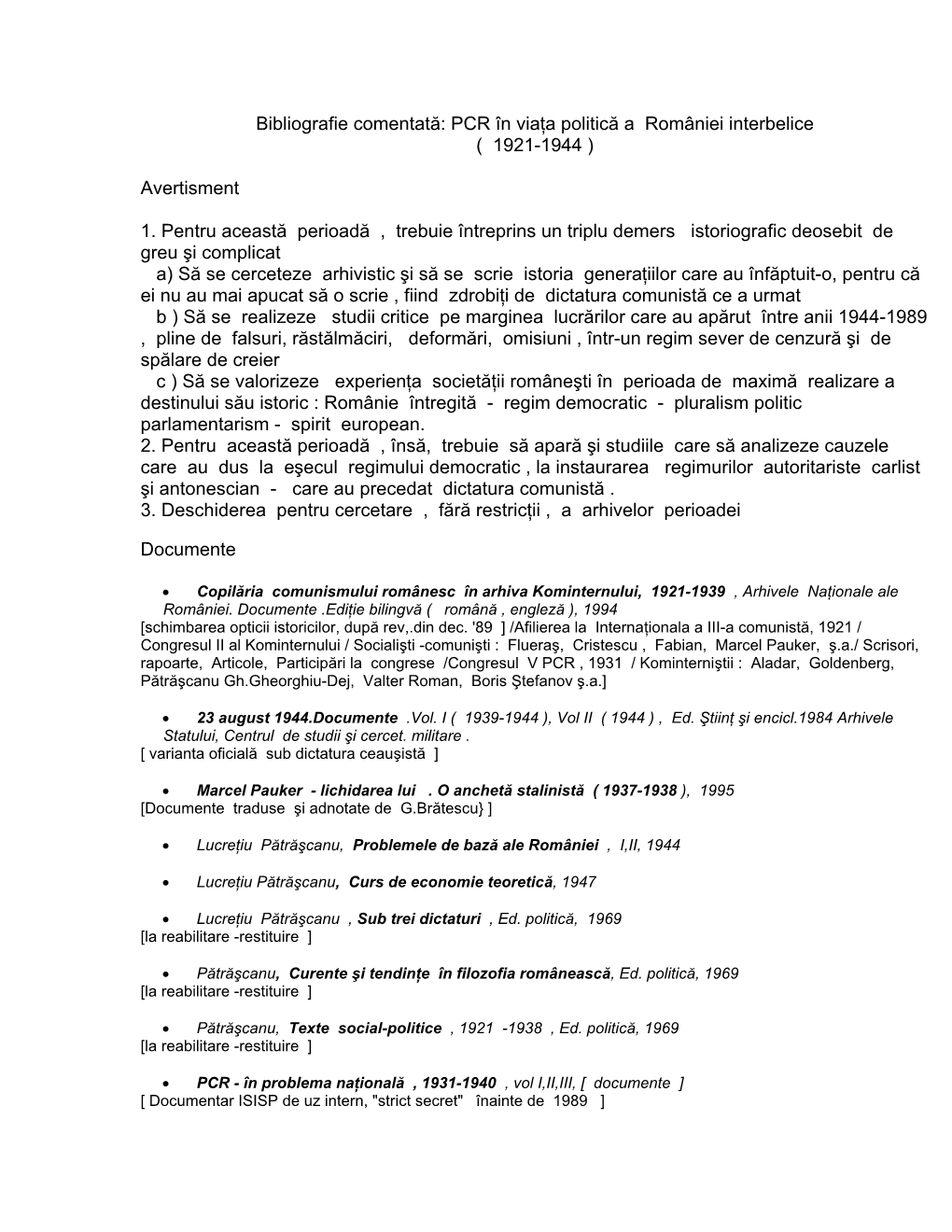 PCR În Viaţa Politică a României Interbelice ( 1921-1944 )