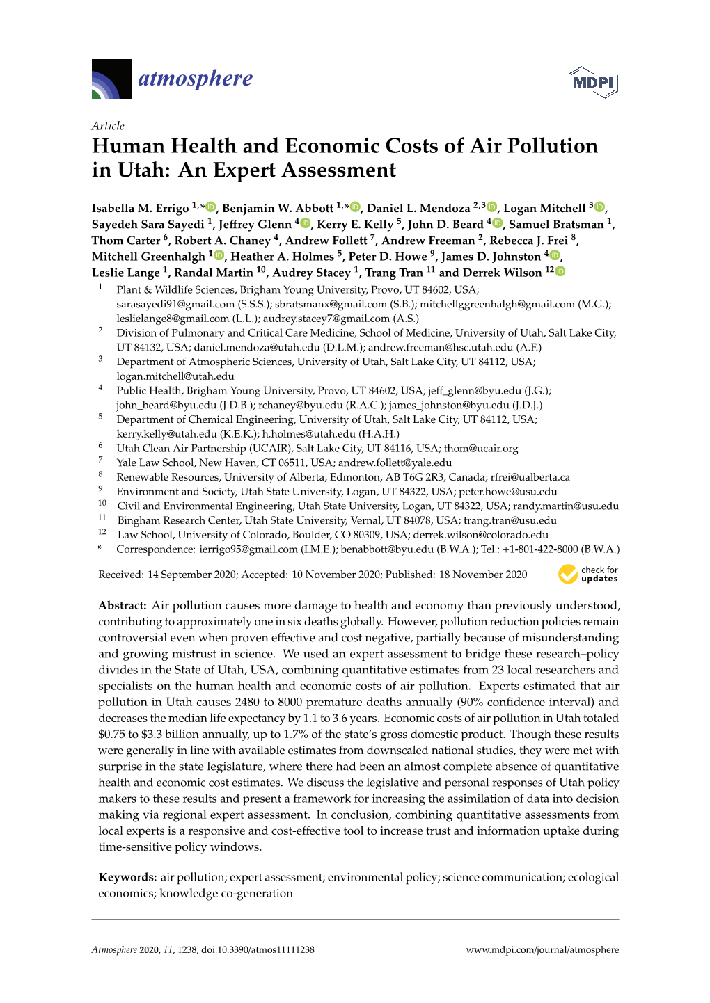 Human Health and Economic Costs of Air Pollution in Utah: an Expert Assessment