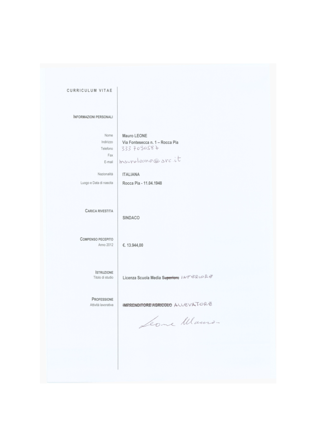 CURRICULUM VITAE Mauro LEONE Via Fontesecca N. 1