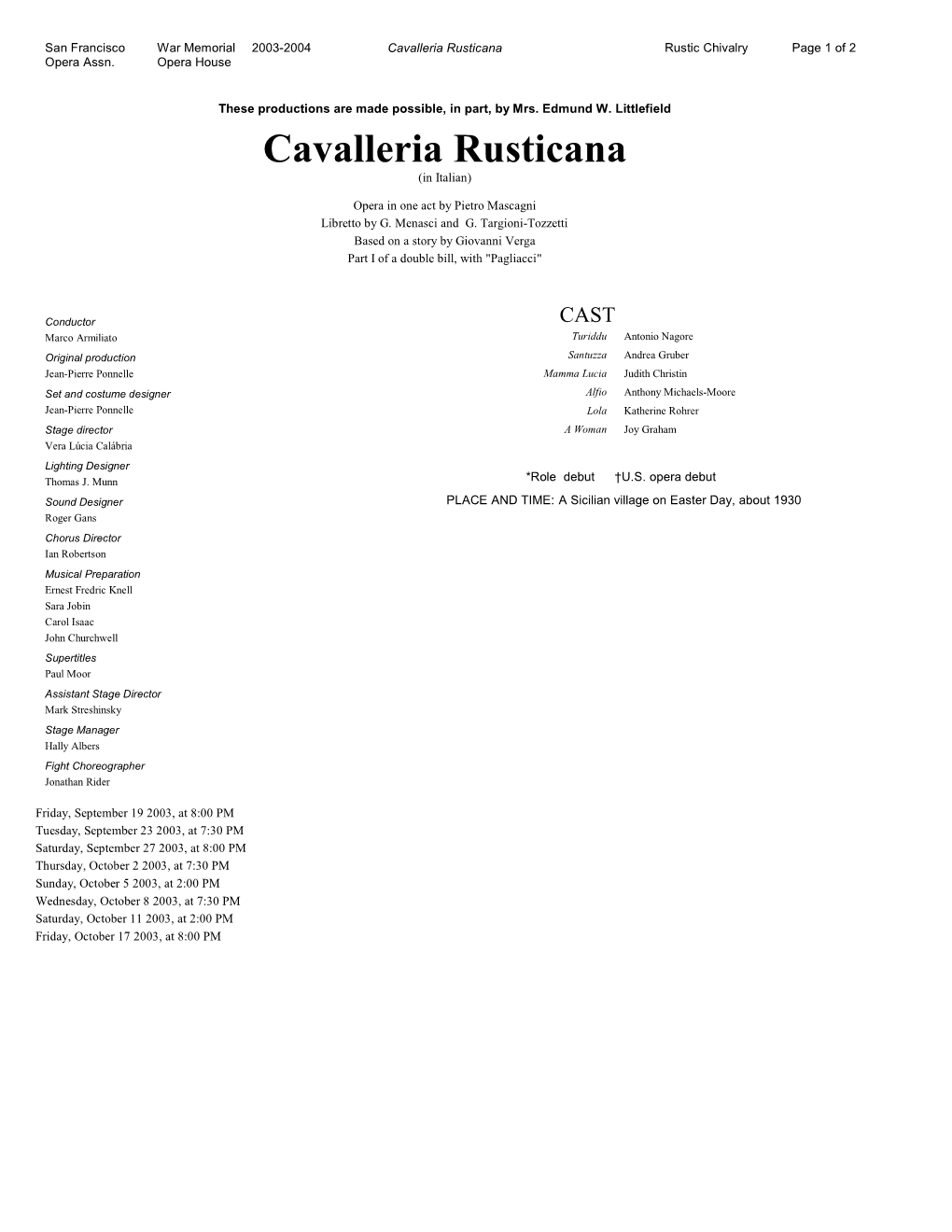 Cavalleria Rusticana Rustic Chivalry Page 1 of 2 Opera Assn