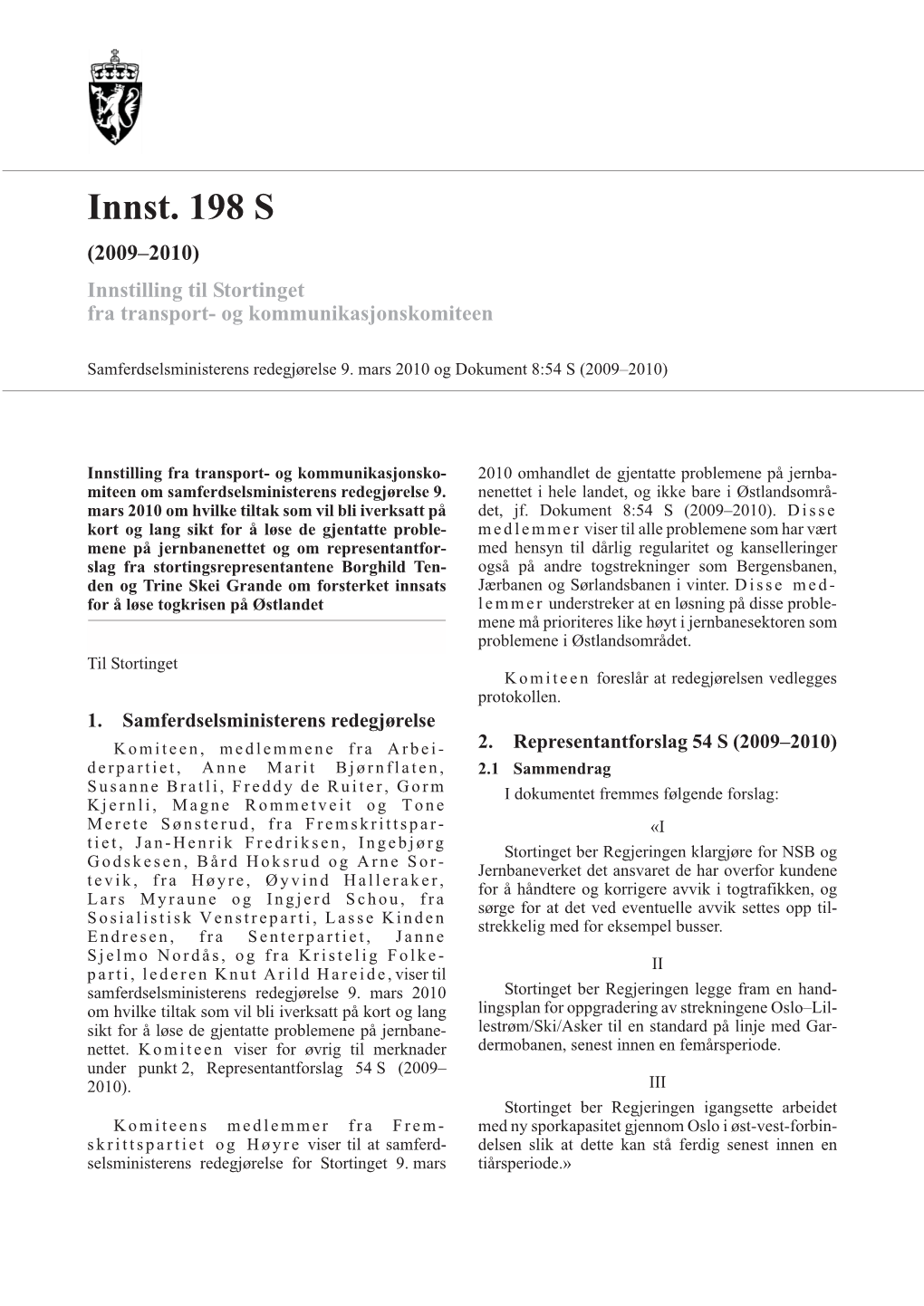 Innst. 198 S (2009–2010) Innstilling Til Stortinget Fra Transport- Og Kommunikasjonskomiteen