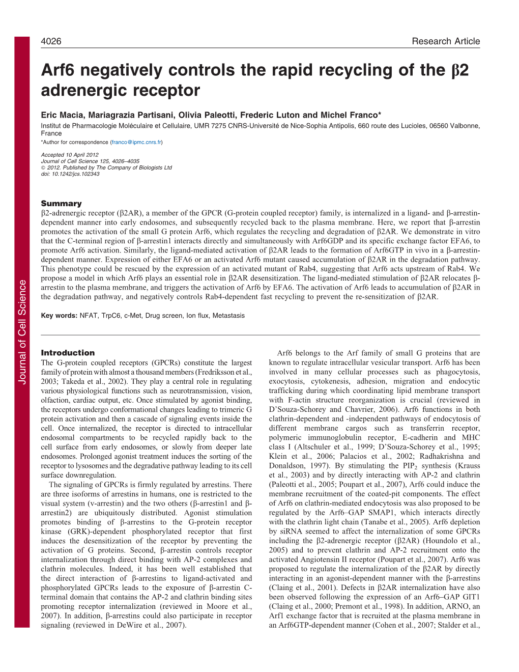 Arf6 Negatively Controls the Rapid Recycling of the B2 Adrenergic