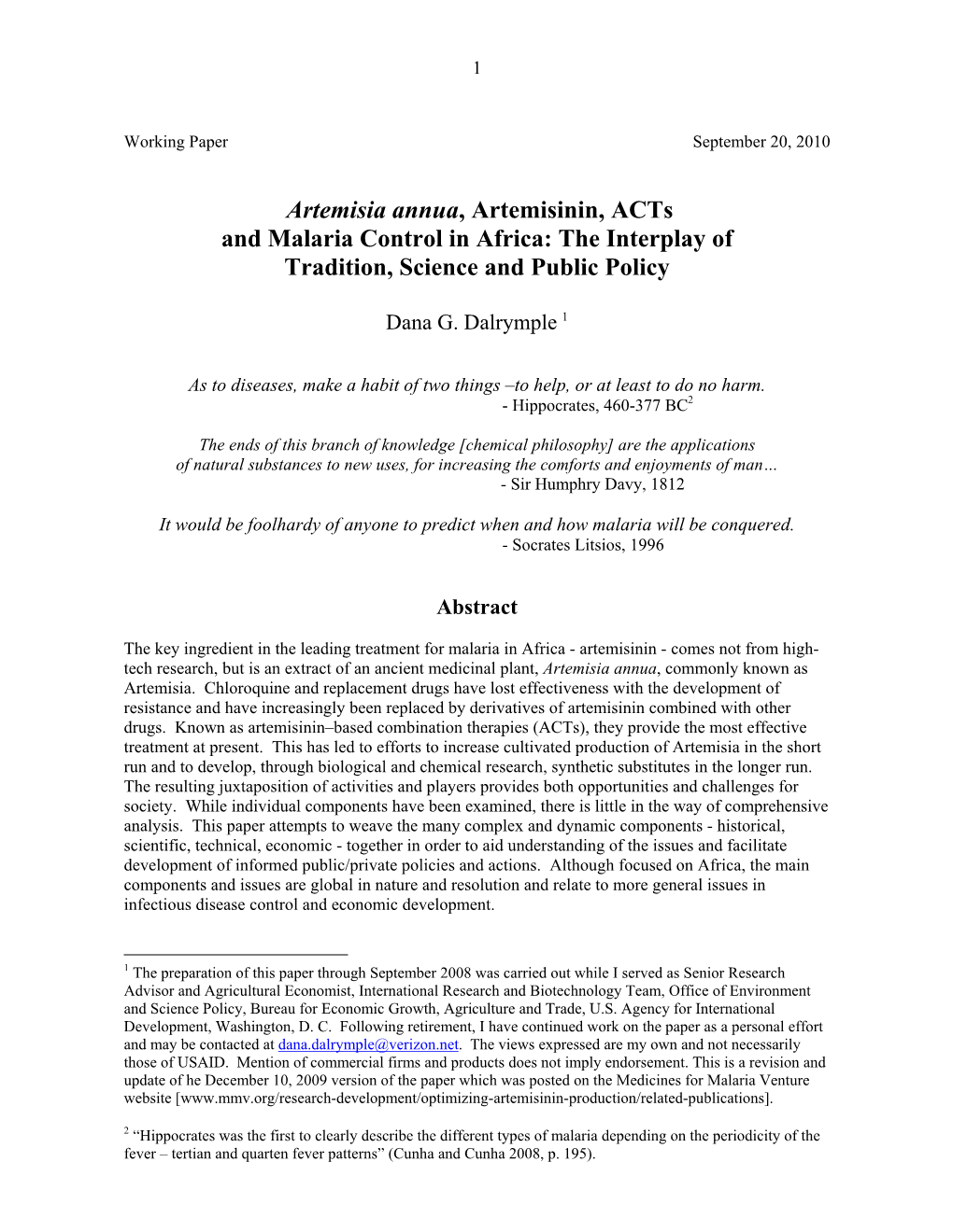 Artemisia Annua, Artemisinin, Acts and Malaria Control in Africa: the Interplay of Tradition, Science and Public Policy