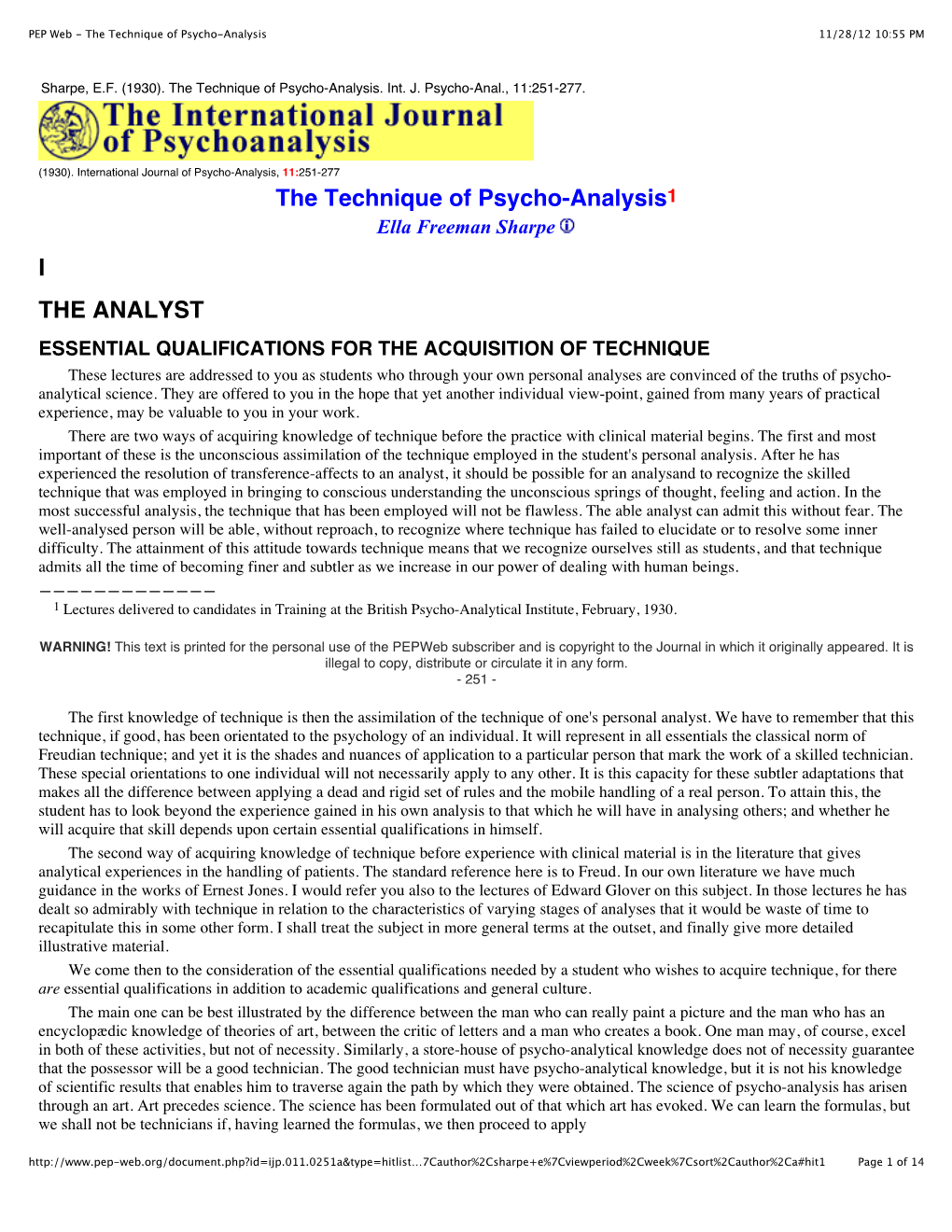 The Technique of Psycho-Analysis 11/28/12 10:55 PM